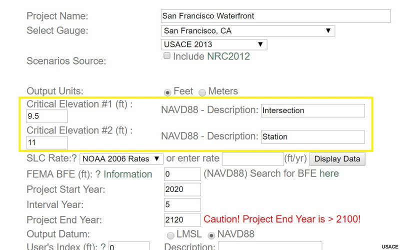 Sea Level Change, screenshot of USACE SLC Curve Calculator with Critical Elevation fields highlighted.