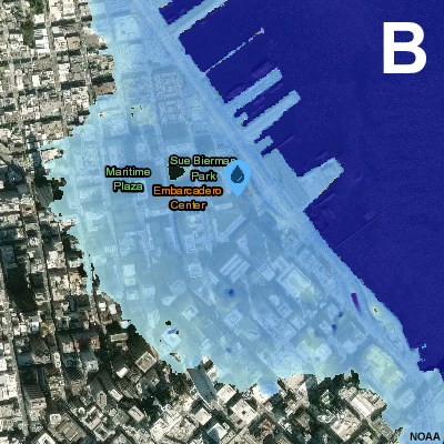 Sea Level Change, screenshot of NOAA’s Sea Level Rise Viewer showing 10ft MHHW in San Francisco's Embarcadero.