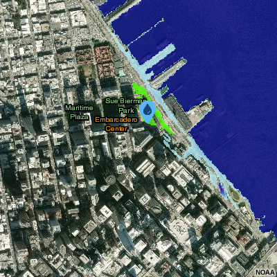 Sea Level Change, screenshot of NOAA’s Sea Level Rise Viewer showing 4ft MHHW in San Francisco's Embarcadero.