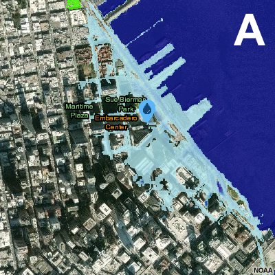 Sea Level Change, screenshot of NOAA’s Sea Level Rise Viewer showing 5ft MHHW in San Francisco's Embarcadero.