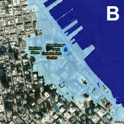 Sea Level Change, screenshot of NOAA’s Sea Level Rise Viewer showing 7ft MHHW in San Francisco's Embarcadero.