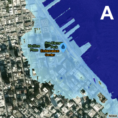 Sea Level Change, screenshot of NOAA’s Sea Level Rise Viewer showing 8ft MHHW in San Francisco's Embarcadero.