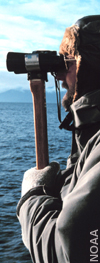 Researcher using binoculars to scan for marine life.