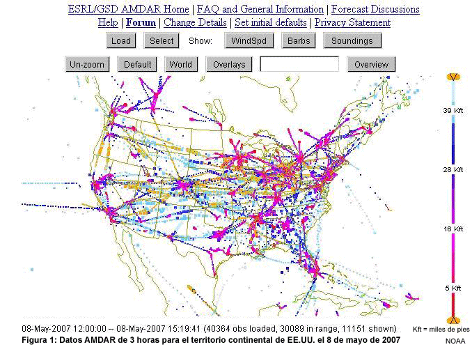Figura 1: Datos AMDAR de 3 horas para el territorio continental de EE.UU. el 8 de mayo de 2007