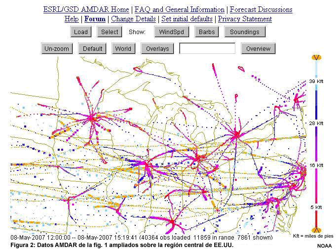 Datos AMDAR de 3 horas del 8 de mayo de 2007 ampliados sobre la región central de EE.UU.