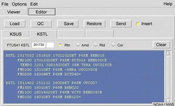 Pronósticos TAF prácticamente perfectos para tiempo convectivo para las 18 UTC y 12 UTC del 25 de agosto de 2004 en formato del software AvnFPS