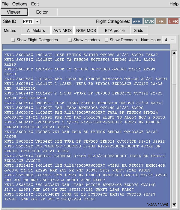 Informes METAR para KSTL entre las 2251 UTC del 25 de agosto de 2004 y las 0428 UTC del 26 de agosto de 2004 en la interfaz gráfica de AvnFPS
