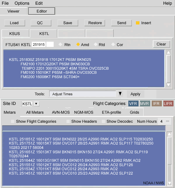 TAF prácticamente perfecto de las 18 UTC e informes METAR de las 15 a 19 UTC para KSTL en la interfaz gráfica AvnFPD