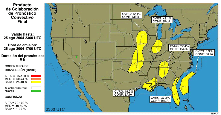 Producto de Colaboración de Pronóstico Convectivo (Collaborative Convective Forecast Product, CCFP) emitido a las 1700 UTC del 25 de agosto de 2004, válido a las 2300 UTC