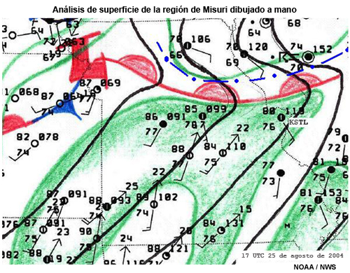 Análisis de superficie válido a las 17 UTC del 25 de agosto de 2004 para la región de Misuri dibujado a mano por un pronosticador de la Oficina de Pronóstico de San Luis, Misuri.