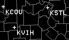 Mapa de radar meteorológico que muestra la ubicación de Columbia (KCOU) y Vichi (KVIH), Misuri, dos ciudades corriente arriba de San Louis