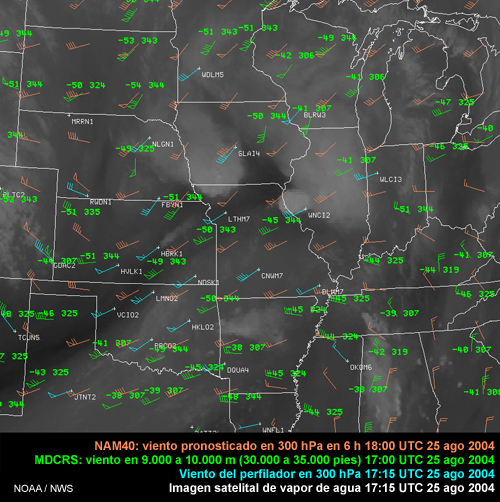 Visualización del sistema AWIPS válida a las 1800 UTC del 25 de agosto de 2004 con campo de viento en 300 hPa de NAM40, datos MDCRS y vientos del perfilador en 300 hPa sobre imagen de vapor de agua del satélite GOES