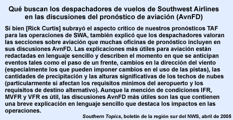 Resumen de los comentarios de Rick Curtis, Jefe de Operaciones de Despacho de Southwest Airlines, sobre cómo él y su personal utilizan las discusiones del pronóstico de aviación (Aviation Forecast Discussion, AvnFD) y lo que buscan en el producto