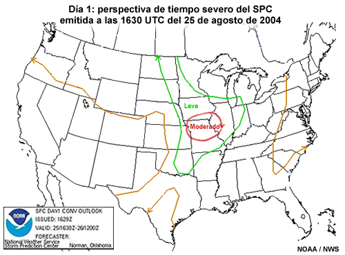 Día 1: perspectiva de tiempo severo del Centro de Predicción de Tormentas (Storm Prediction Center, SPC) de EE.UU. emitida a las 1630 UTC del 25 de agosto de 2004