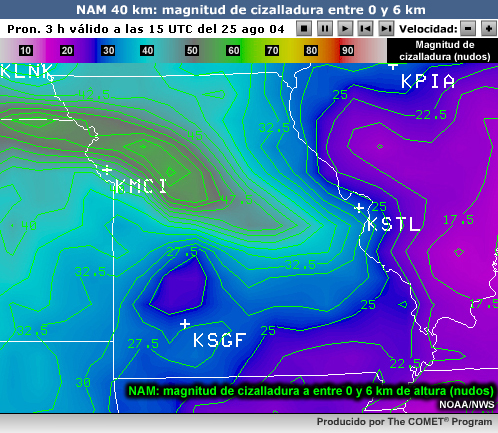 Pronóstico NAM de magnitud de cizalladura entre 0 y 6 km de altura