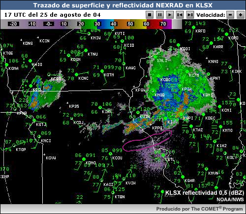 Imagen de radar con estructura marcada en morado