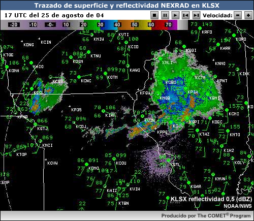 Imagen de radar de un sistema convectivo de mesoescala cerca de San Luis, Misuri