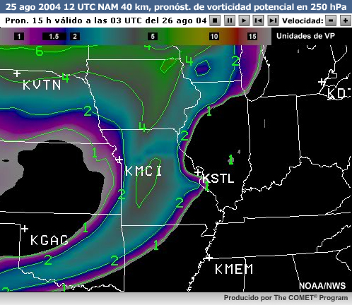 Pronóstico NAM de las 12 UTC de vorticidad potencial en el nivel de 250 hPa