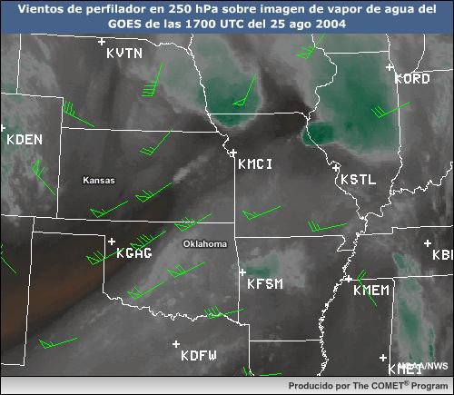 Datos del viento en 250 hPa del perfilador superpuestos a imagen de vapor de agua del GOES
