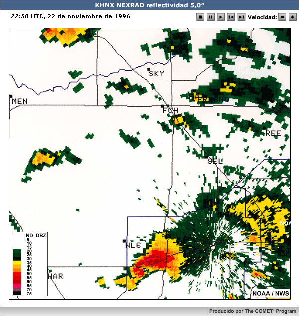 Secuencia de reflectividad NEXRAD 0,5º (dBZ) para KHNX de todo el evento