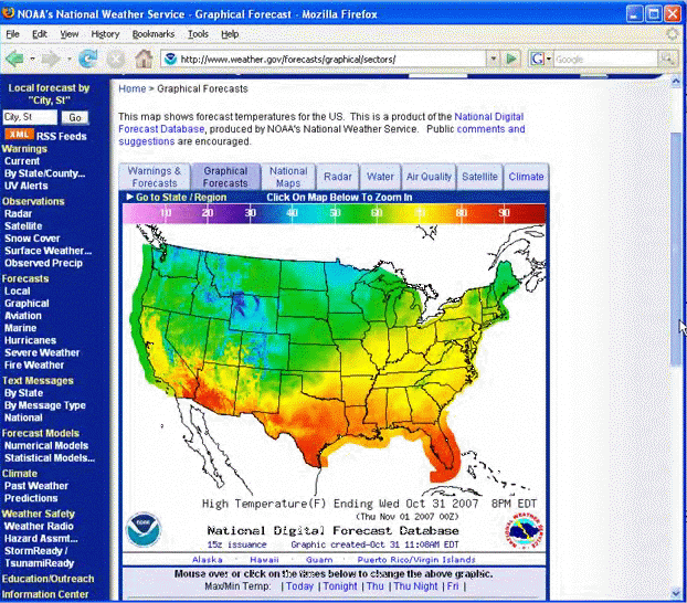Screen grab of graphical forecast page from www.weather.gov
