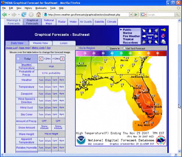 Regional view of graphical forecast page from www.weather.gov