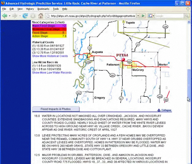 Flood history info available on station view of water page from www.weather.gov