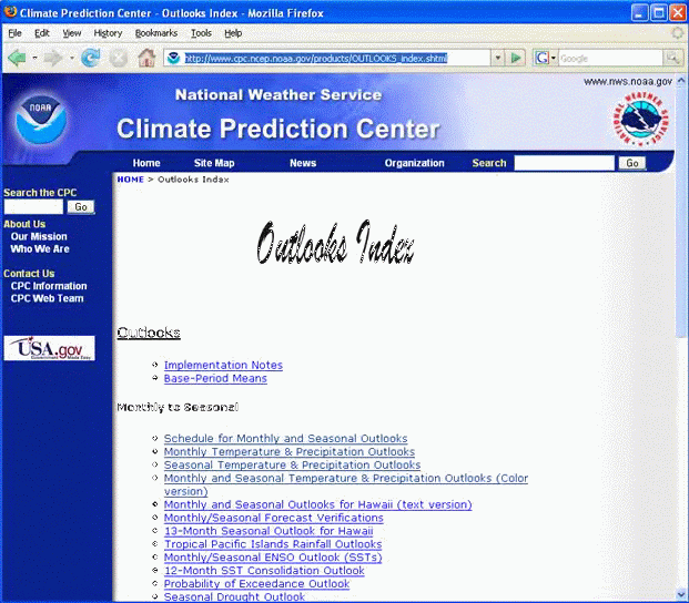 Screen grab of Climate Prediction Center web page