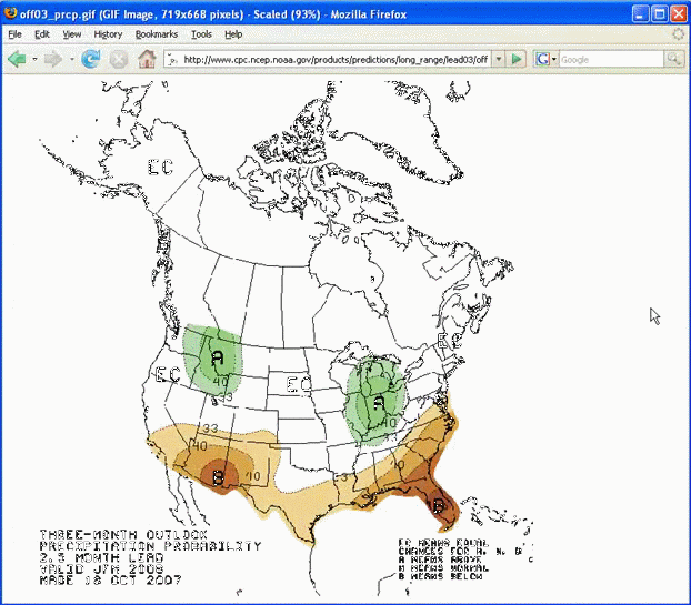 Screen grab of a 3-month outlook on the outlook maps on the Climate Prediction Center web page