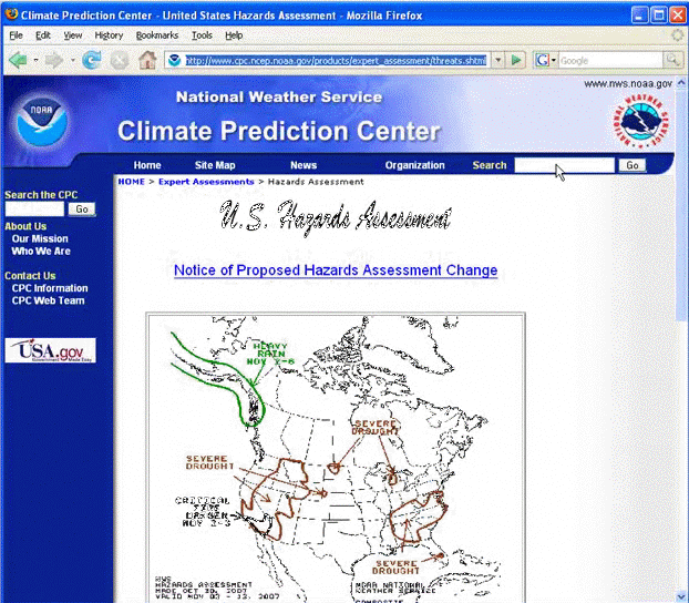 Screen grab ofUS Hazards Assessment map on the Climate Prediction Center web page