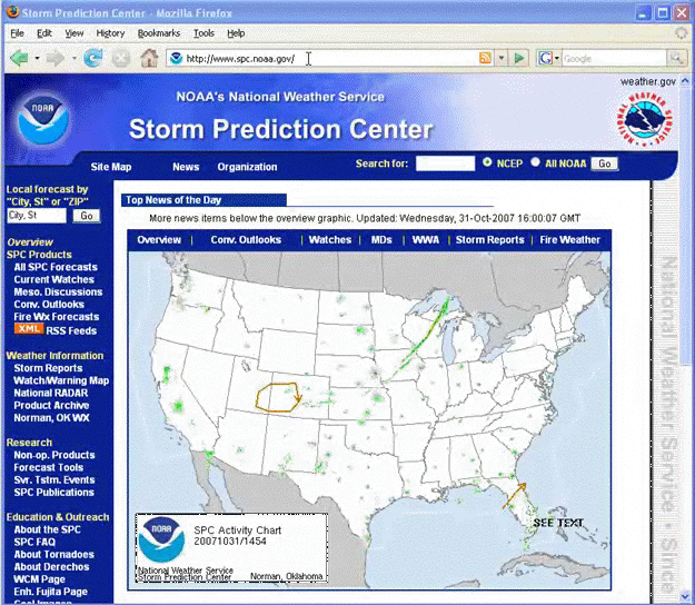 Screen grab of Storm Prediction Center's website
