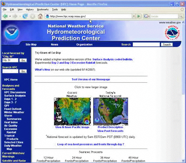 Screen grab of Hydrometeorological Prediction Center's website
