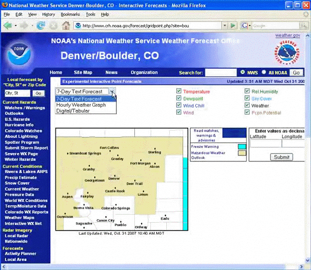 Screen grab of the Denber/Boulder NWS forecast officeinteractive graphics  web page