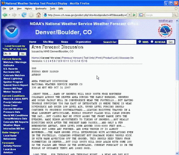 Screen grab of the Denber/Boulder NWS forecast office Area Forecast Discussion web page