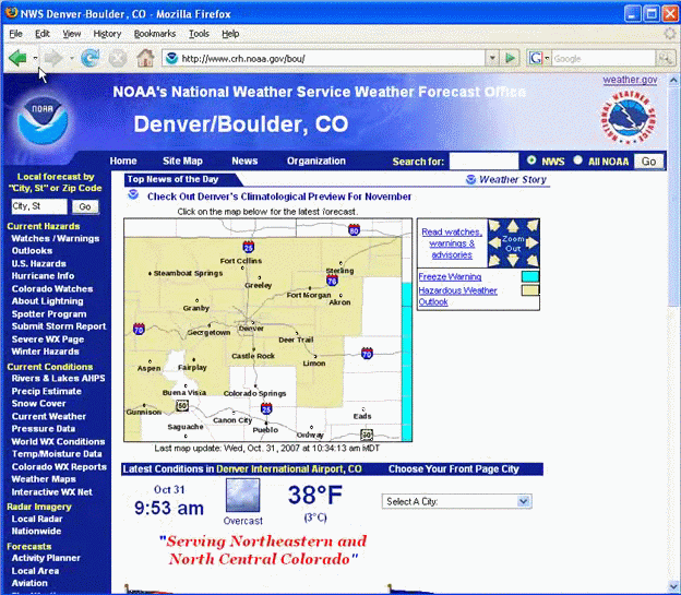 Screen grab of the Denber/Boulder NWS forecast office web page