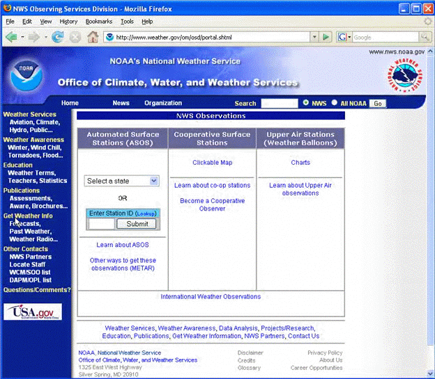 Screen grab of the observations page linked to from www.weather.gov