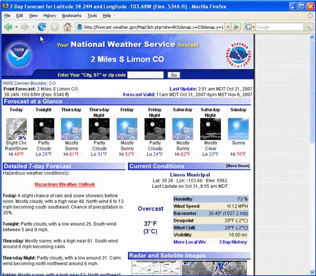 Screen grab of a local forecast page linked to from www.weather.gov