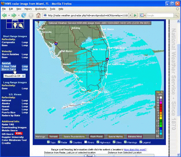 Screen grab of radar rainfall total map 