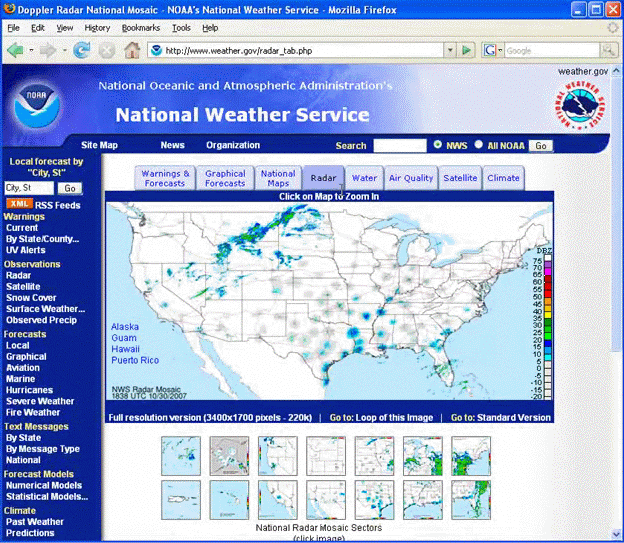 Screen Grab of Radar tab page on www.weather.gov