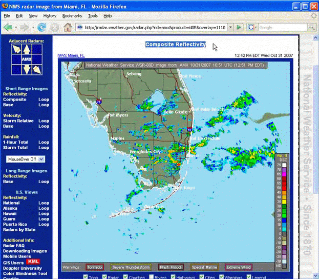 Screen Grab of Miami radar page (composite reflectivity) on www.weather.gov