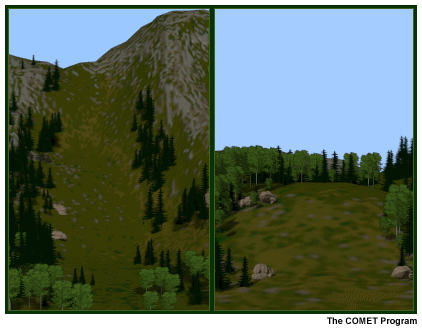 This image contrasts steep and shallow slopes relating to relative speed of the spread of a fire.