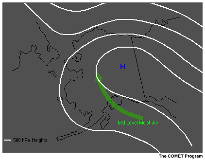 This image shows a typical weather pattern associated with the breakdown of an upper-level ridge in Alaska.
