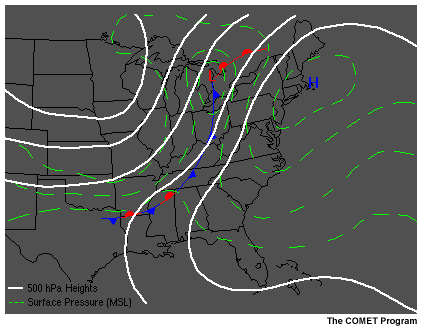 This image shows a typical weather pattern associated with the breakdown of an upper-level ridge in the South and East.