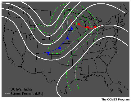 This image shows a typical weather pattern associated with the breakdown of an upper-level ridge in the Midwest and Lake States.