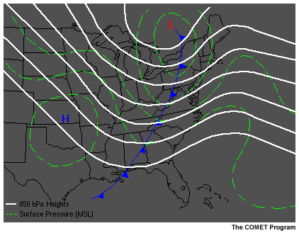 This image shows a typical weather pattern associated with a dry cold front in the eastern half of the United States.