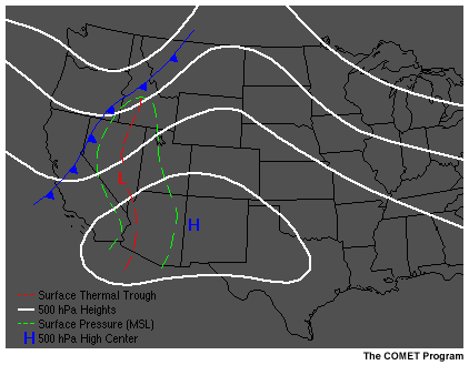 This image shows a typical weather pattern associated with a dry cold front in the Western United States.