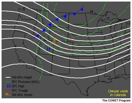 This image shows a typical weather pattern associated with foehn winds in the lee of the Rocky Mountains.