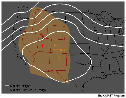 This image shows a typical weather pattern associated with mid-level triggers over Rockies and Intermountain West.
