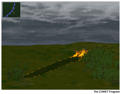 This image shows a fire spreading across dry brush into timber.