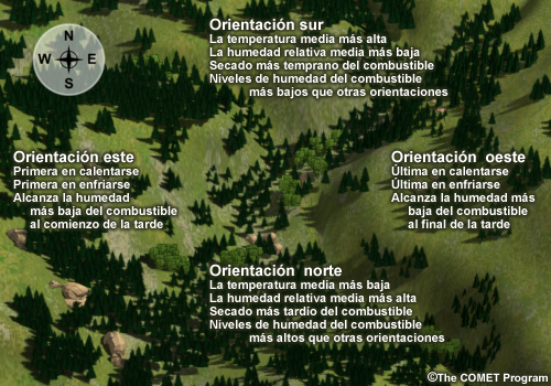 Representación esquemática de la orientación de varias pendientes y sus características.